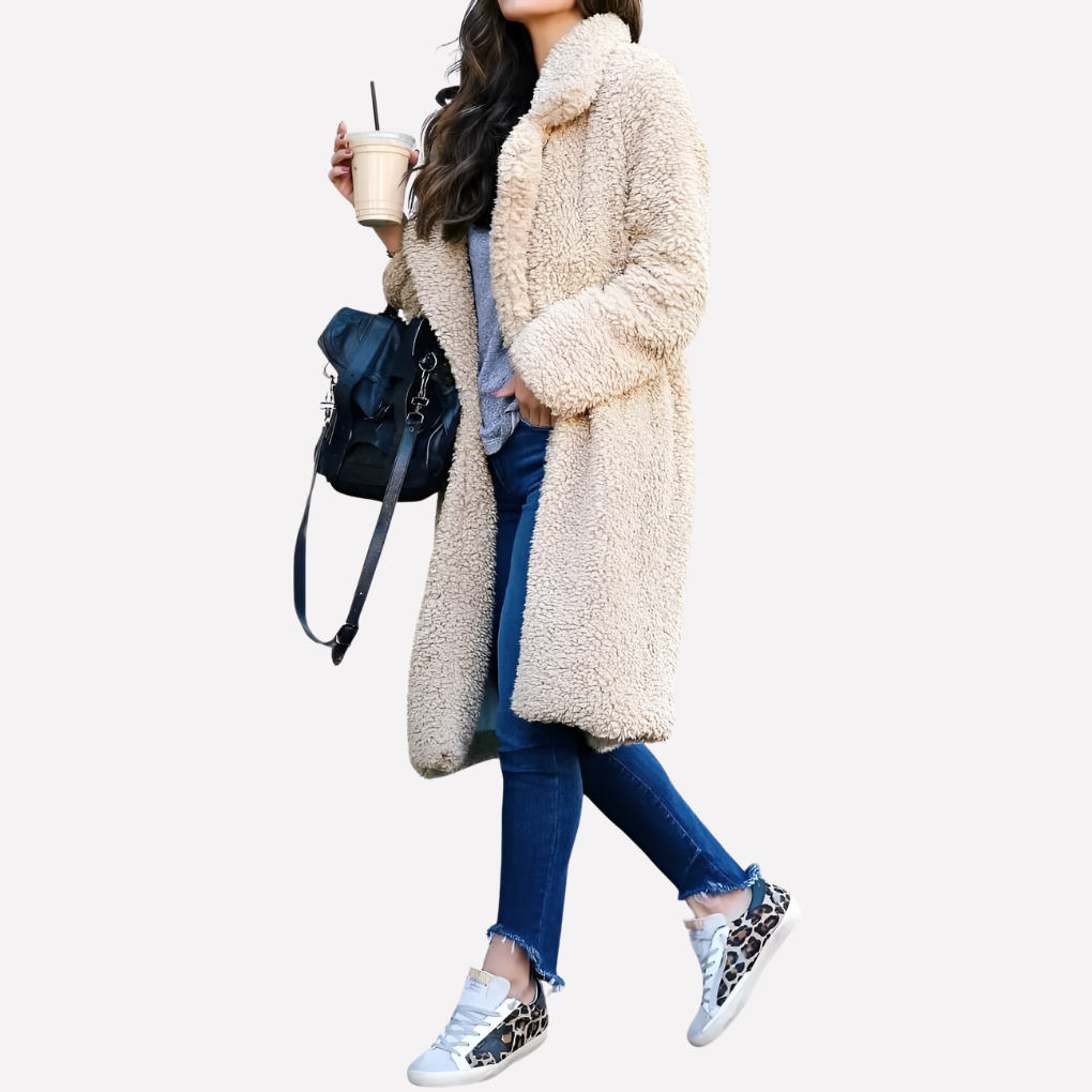 Davy | Women's Long Teddy Coat with Notched Collar