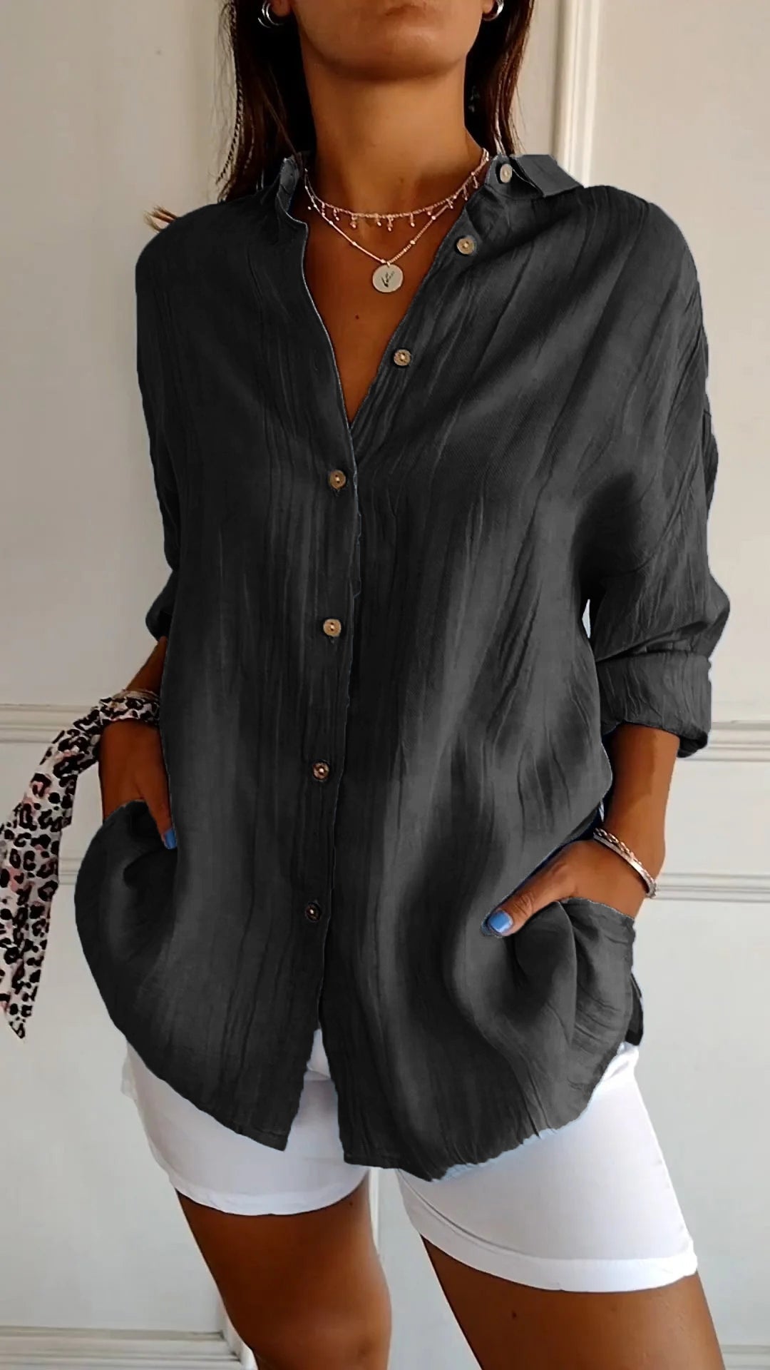 Davy | Women's Loose Button-Up Shirt - Textured Relaxed Fit