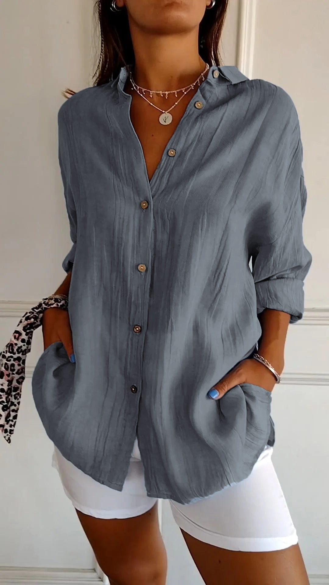 Davy | Women's Loose Button-Up Shirt - Textured Relaxed Fit