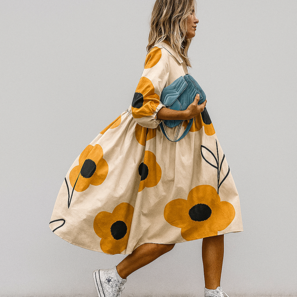 Davy | Women's Midi Shirt Dress - Abstract Floral Print