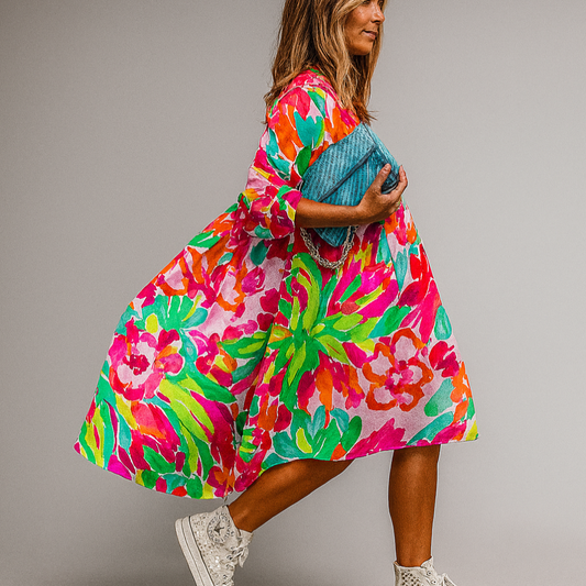 Davy | Women's Midi Shirt Dress - Abstract Floral Print