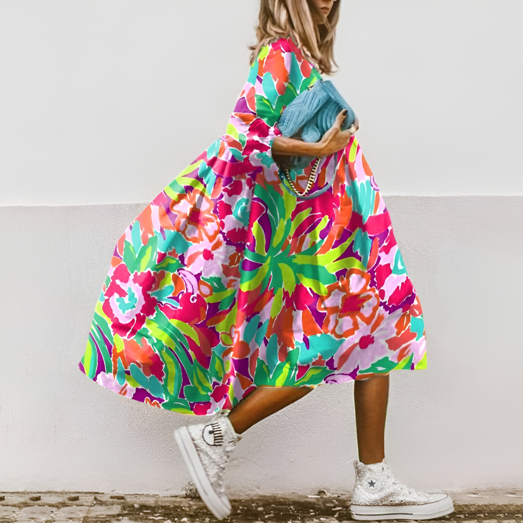 Davy | Women's Midi Shirt Dress - Abstract Floral Print