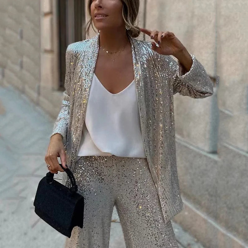 Davy | Women's Sequin Blazer and Wide-Leg Pants Set