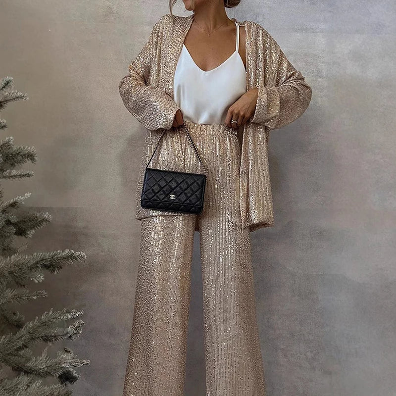 Davy | Women's Sequin Blazer and Wide-Leg Pants Set