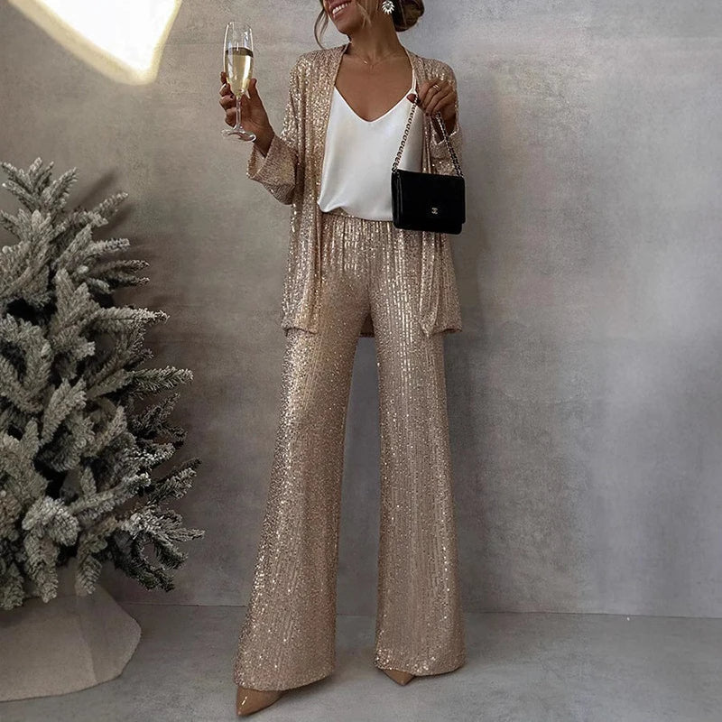 Davy | Women's Sequin Blazer and Wide-Leg Pants Set