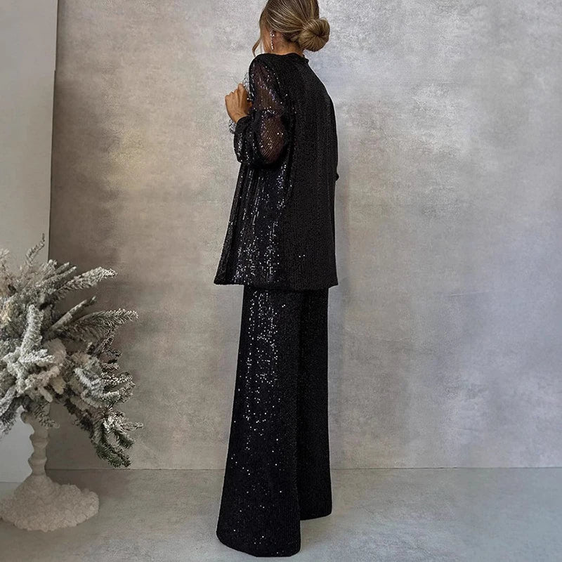 Davy | Women's Sequin Blazer and Wide-Leg Pants Set