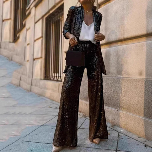Davy | Women's Sequin Blazer and Wide-Leg Pants Set