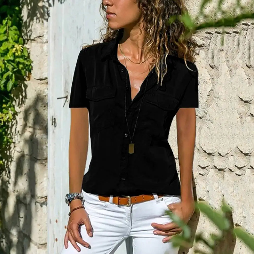 Davy | Women's Short Sleeve Button-Up Shirt with Chest Pockets