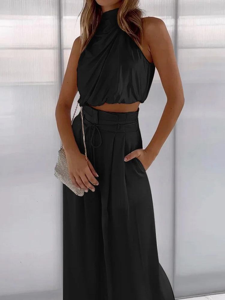 Davy | Women's Sleeveless Drape Top Wide Leg Pants Set