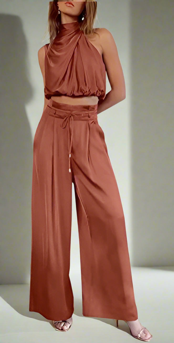 Davy | Women's Sleeveless Drape Top Wide Leg Pants Set