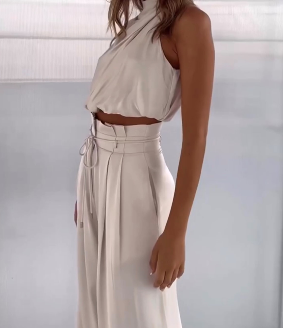 Davy | Women's Sleeveless Drape Top Wide Leg Pants Set
