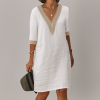 Lace Trim V-Neck Linen Dress