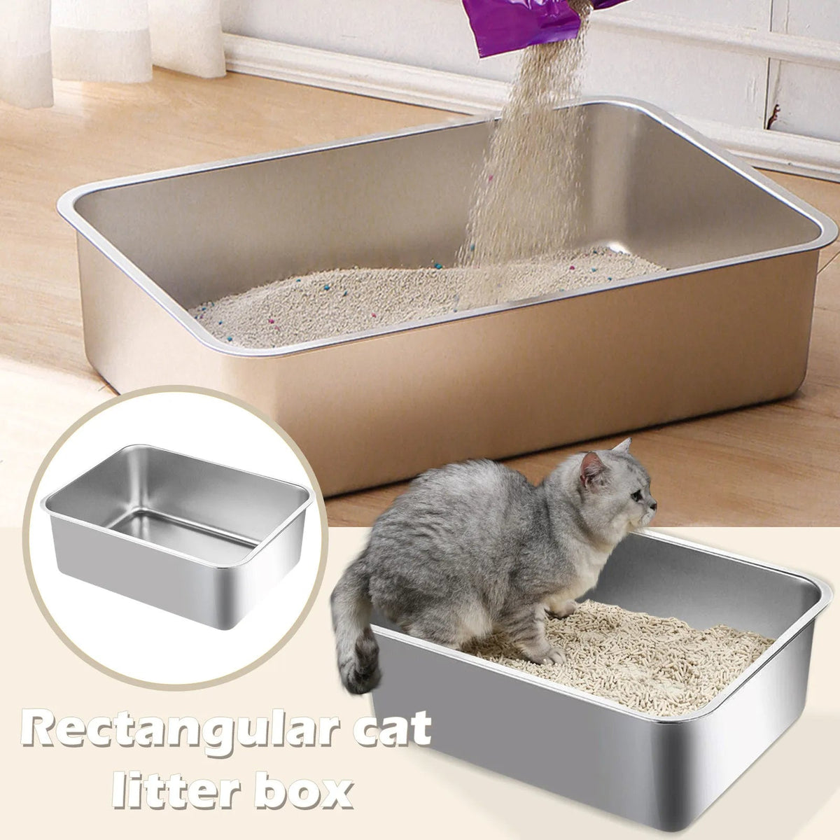 Deep-Sided Stainless Steel Cat Litter Box