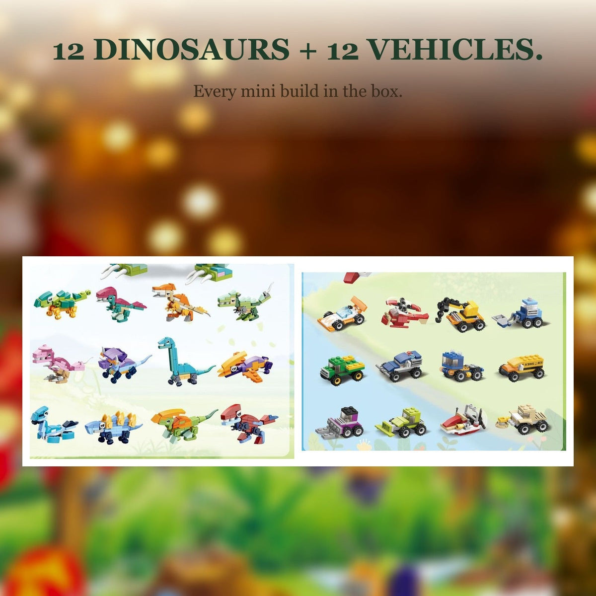 Dinosaur and Vehicle Building Block Advent Calendar, 24 Mini Kits, T. Rex and Plane Bonus