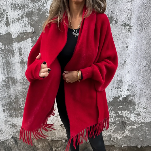 Manteau en laine à col châle drapé et devant ouvert