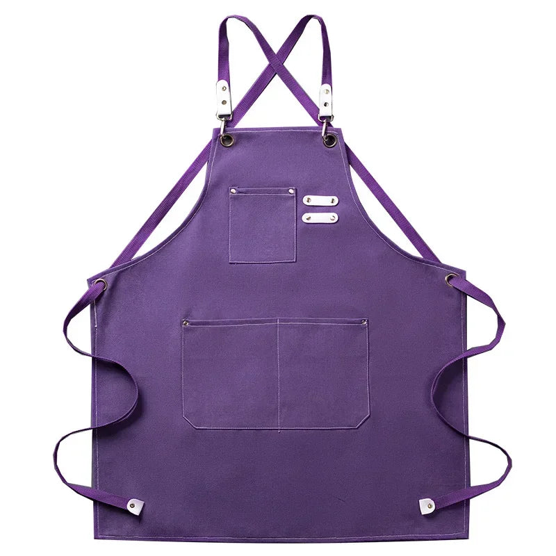 Tablier utilitaire durable en toile, dos croisé, avec finitions et poches en cuir, pour chef, barbecue et atelier