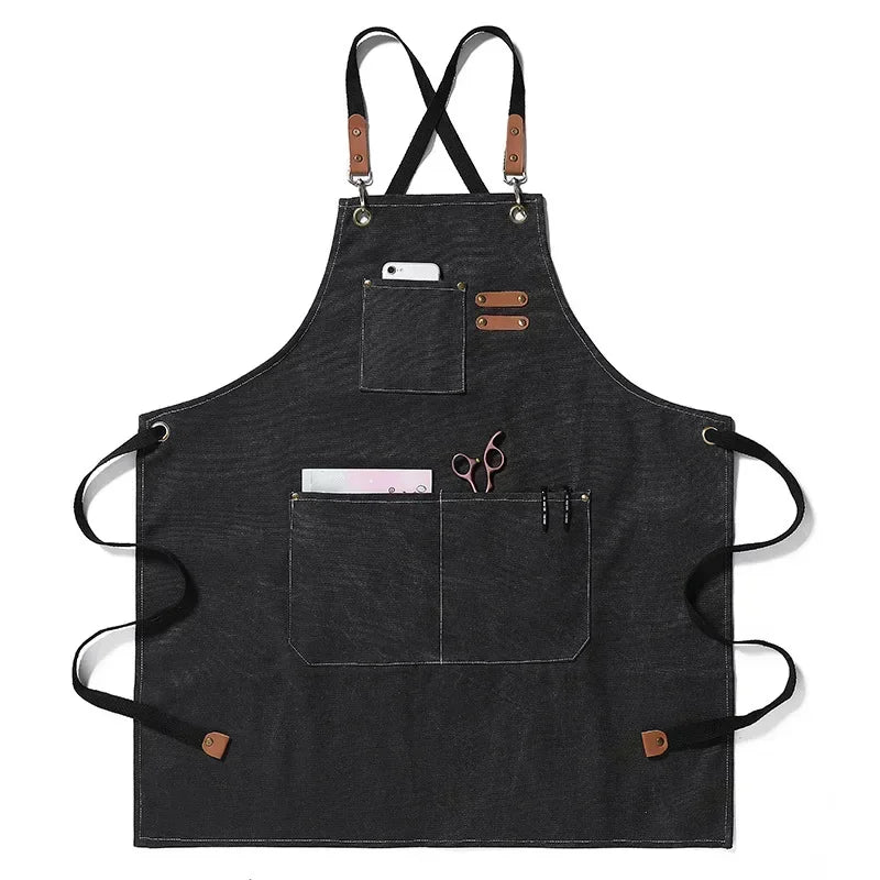 Tablier utilitaire durable en toile, dos croisé, avec finitions et poches en cuir, pour chef, barbecue et atelier