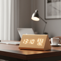Reloj digital de madera con control de temperatura y luz