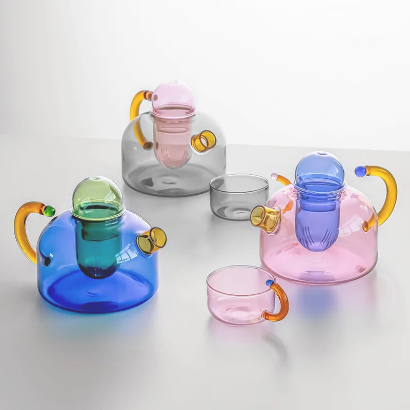 Elegant borosilicate tea set with unique design and vibrant colors – dishwasher safe, cup 80 ml, teapot 400 ml
