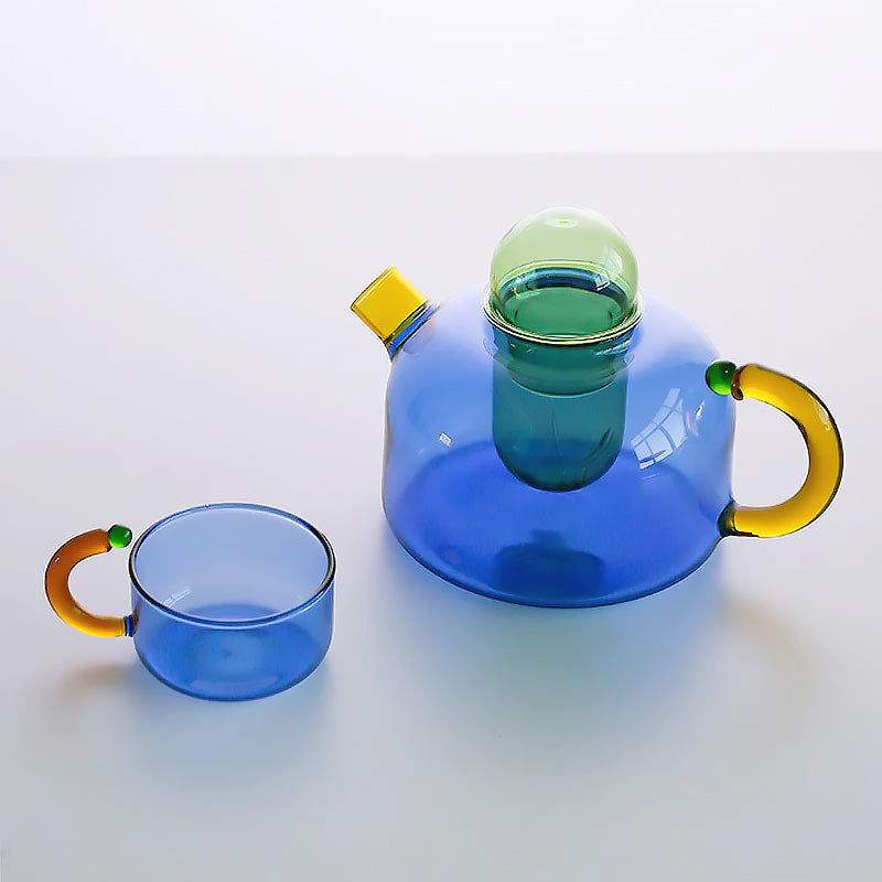 Elegant borosilicate tea set with unique design and vibrant colors – dishwasher safe, cup 80 ml, teapot 400 ml