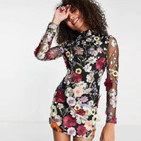 Faurra - Vestido floral para mujer con cuello alto y mangas largas