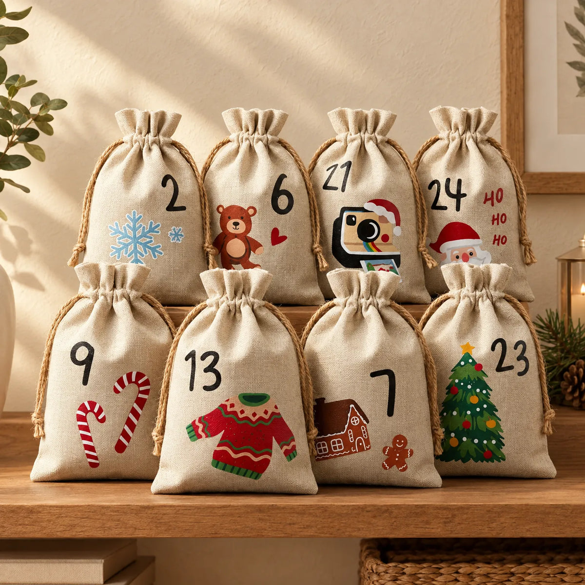 Fillable Advent Calendar Bags – 24 Reusable Fabric Drawstring Pouches with Numbers, 15 x 10 cm