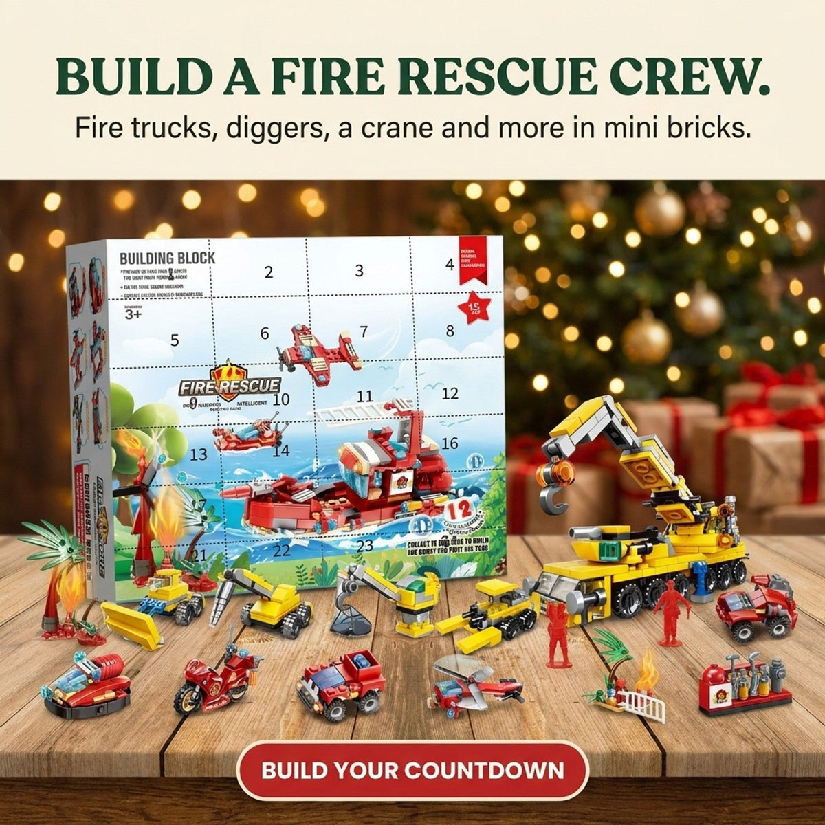 Fire Rescue and Construction Building Block Advent Calendar, Mini Vehicles and Crane Truck