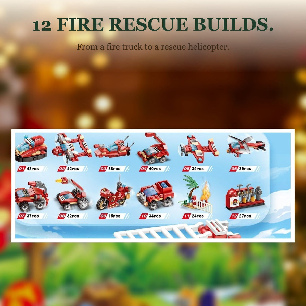 Fire Rescue and Construction Building Block Advent Calendar, Mini Vehicles and Crane Truck
