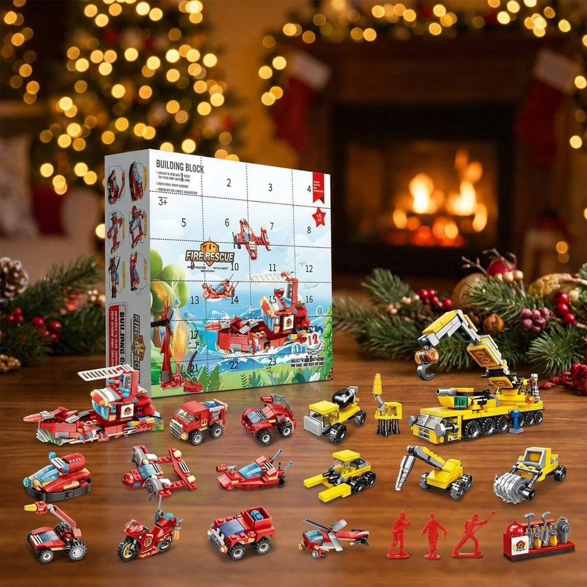 Fire Rescue and Construction Building Block Advent Calendar, Mini Vehicles and Crane Truck