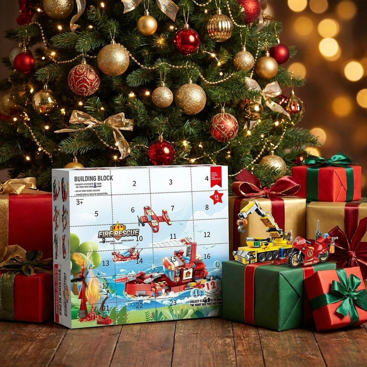 Fire Rescue and Construction Building Block Advent Calendar, Mini Vehicles and Crane Truck