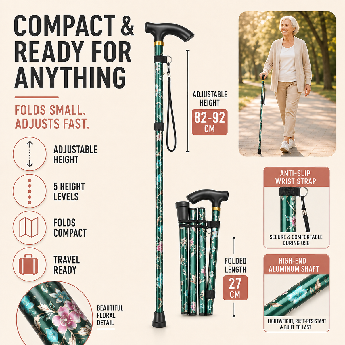 Canne pliante à motif floral