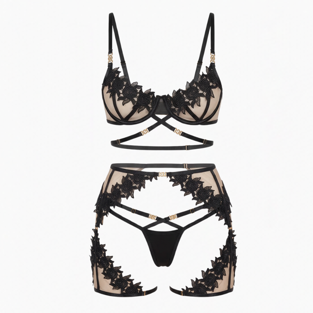 Floral Lace 3-Piece Lingerie Set