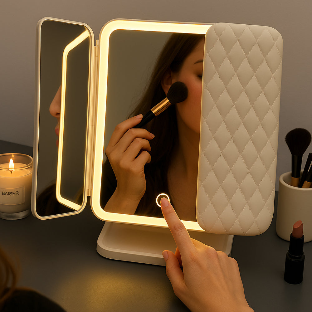 Foldable LED Vanity Makeup Mirror with Adjustable Lighting and Stand