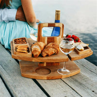 Mesa de Picnic Plegable de Madera para Vino – Bandeja Redonda para Bocadillos al Aire Libre con Porta Vasos para una Cena Elegante al Aire Libre