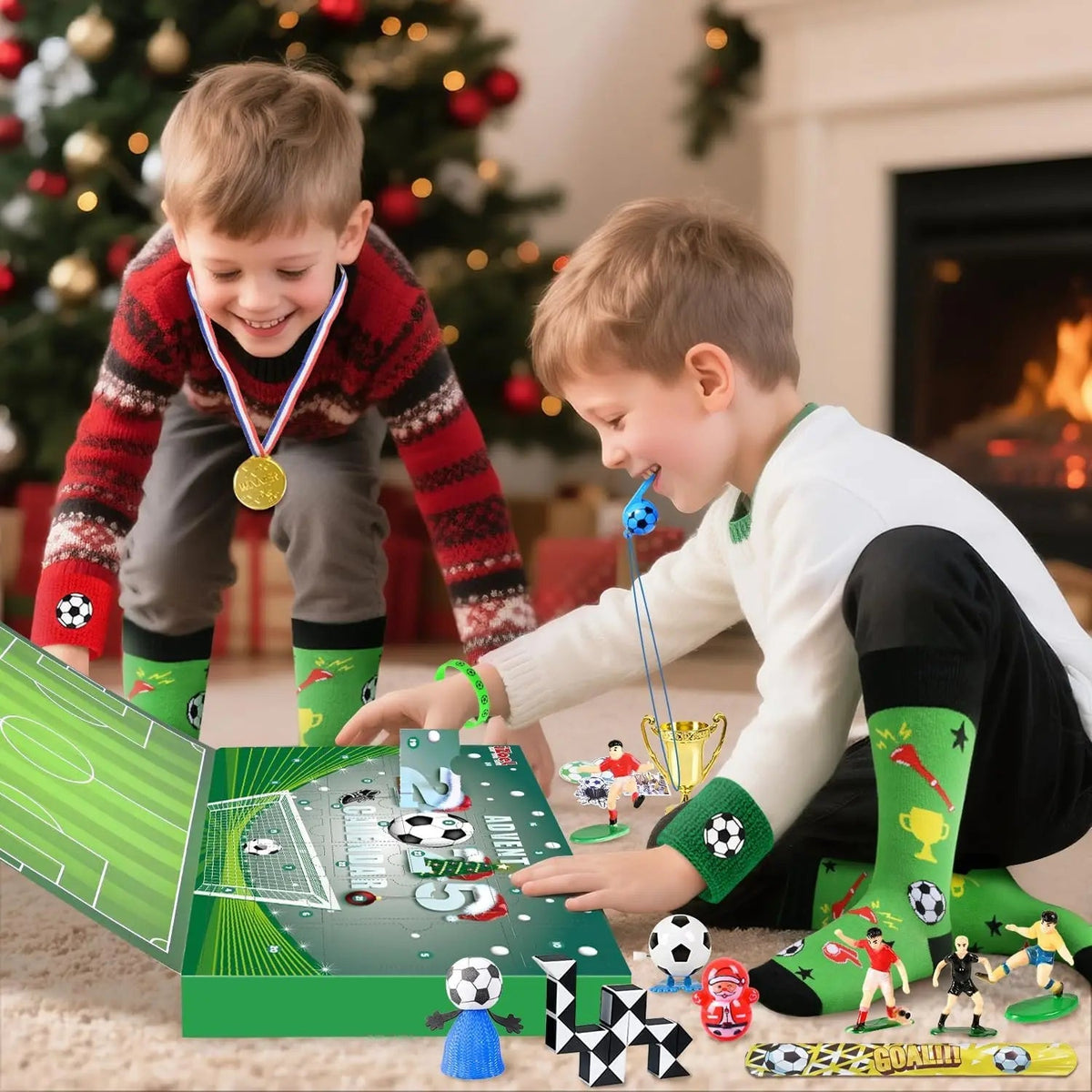 Calendrier de l'Avent sur le thème du football pour enfants avec 24 accessoires de football et surprises