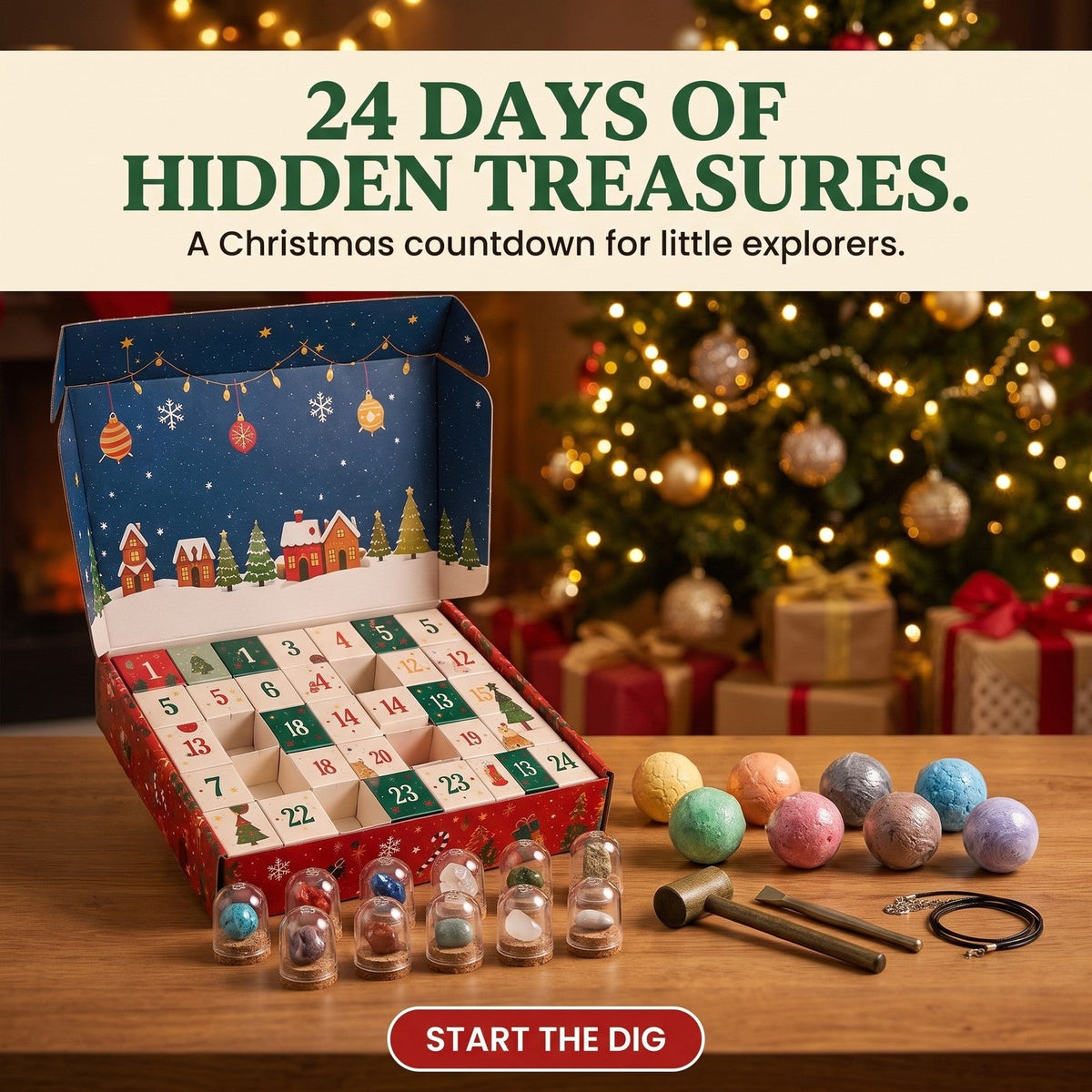 Gemstone Excavation Advent Calendar, 24 Days with Dig Balls, Tools and Stones