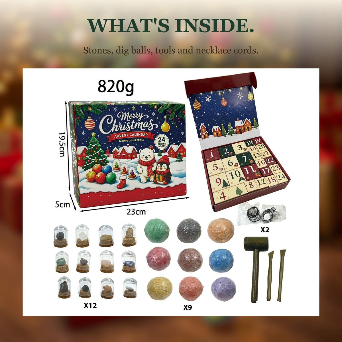Gemstone Excavation Advent Calendar, 24 Days with Dig Balls, Tools and Stones