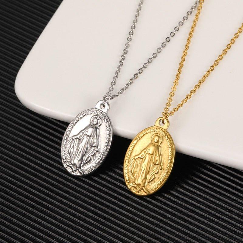 Collier avec pendentif Vierge Marie plat plaqué or et argent
