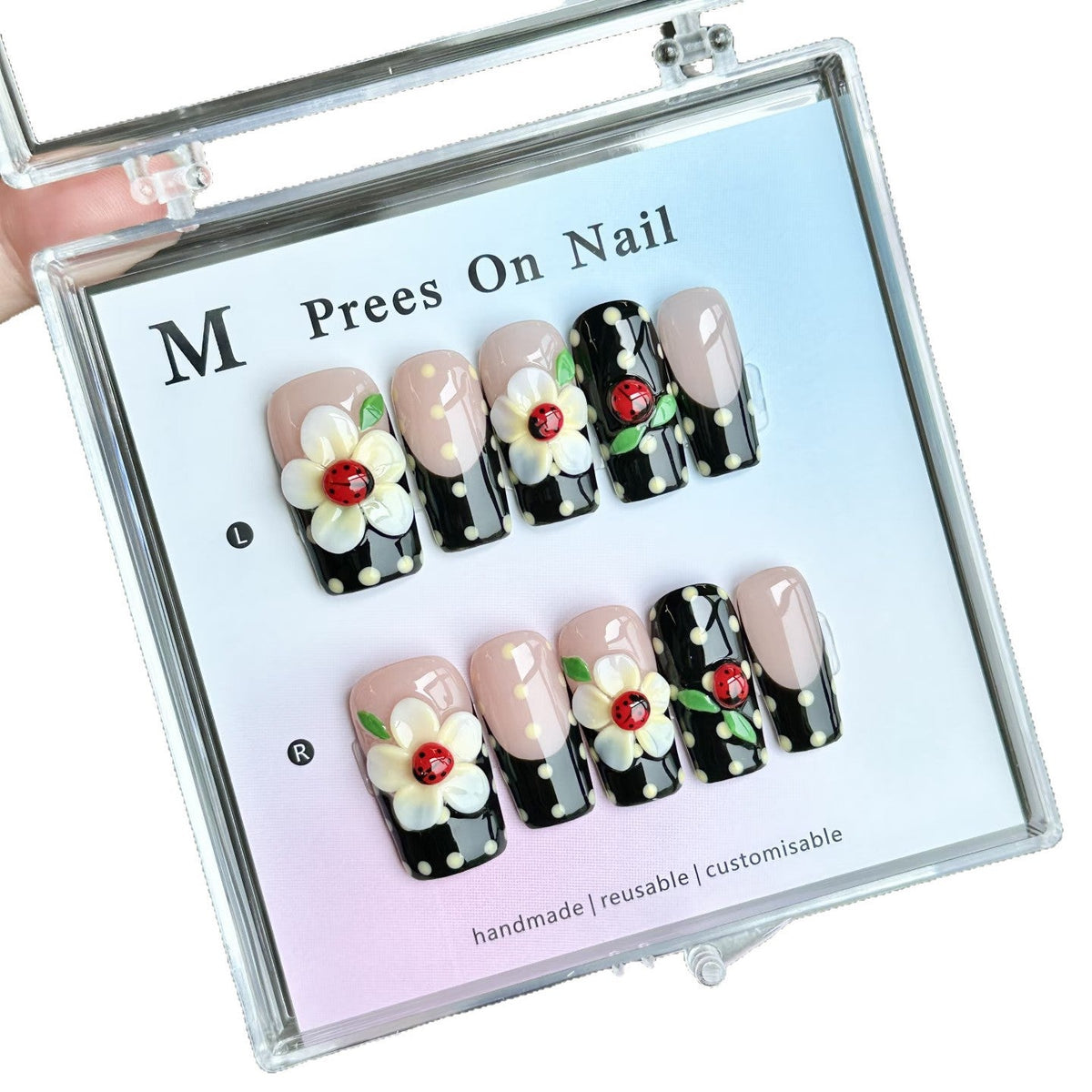 Handmade Decorative Press-On Nail Set with Floral Accents