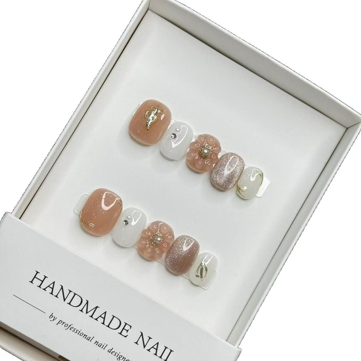 Handmade Press-On Nail Art Set with Floral and Gem Accents