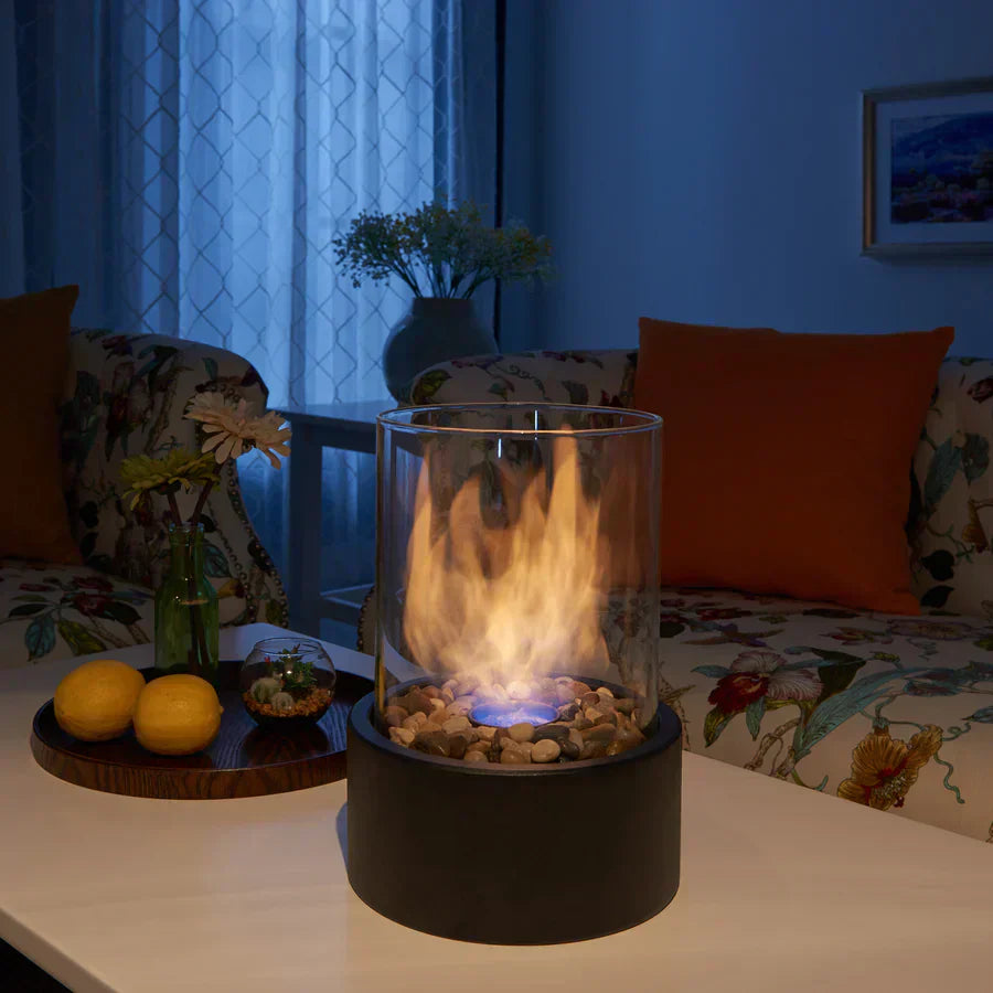 Heat without odor in an elegant, portable tabletop fireplace