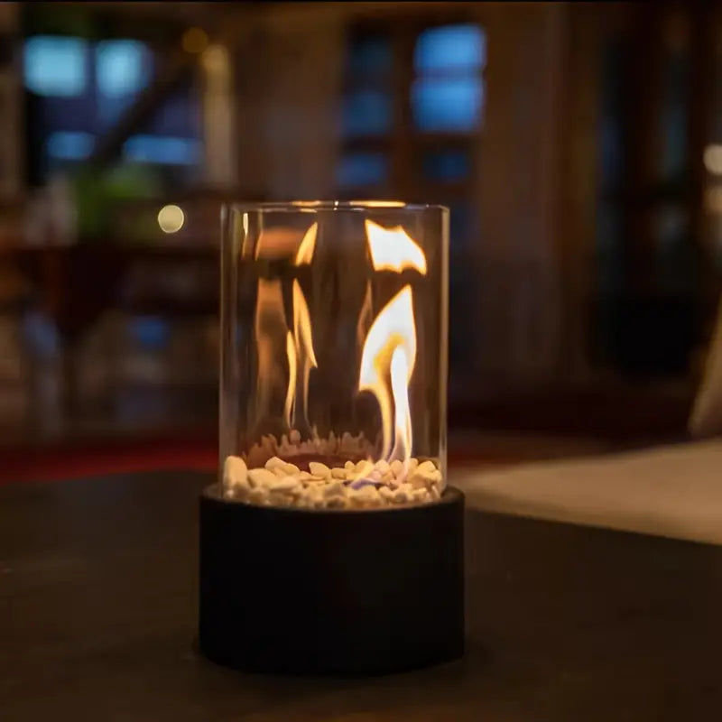 Heat without odor in an elegant, portable tabletop fireplace