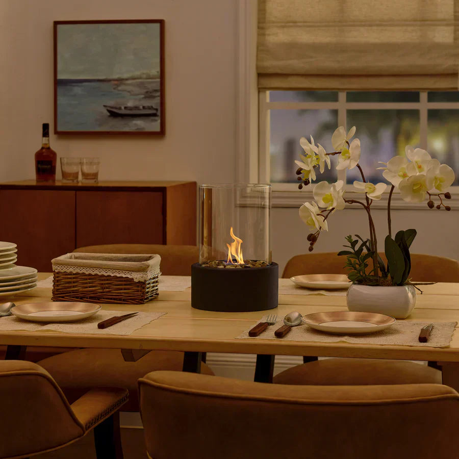 Heat without odor in an elegant, portable tabletop fireplace