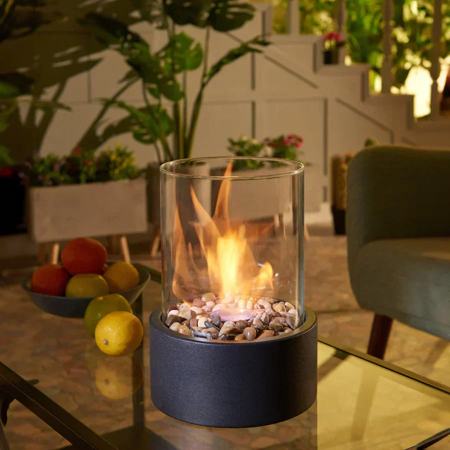 Heat without odor in an elegant, portable tabletop fireplace