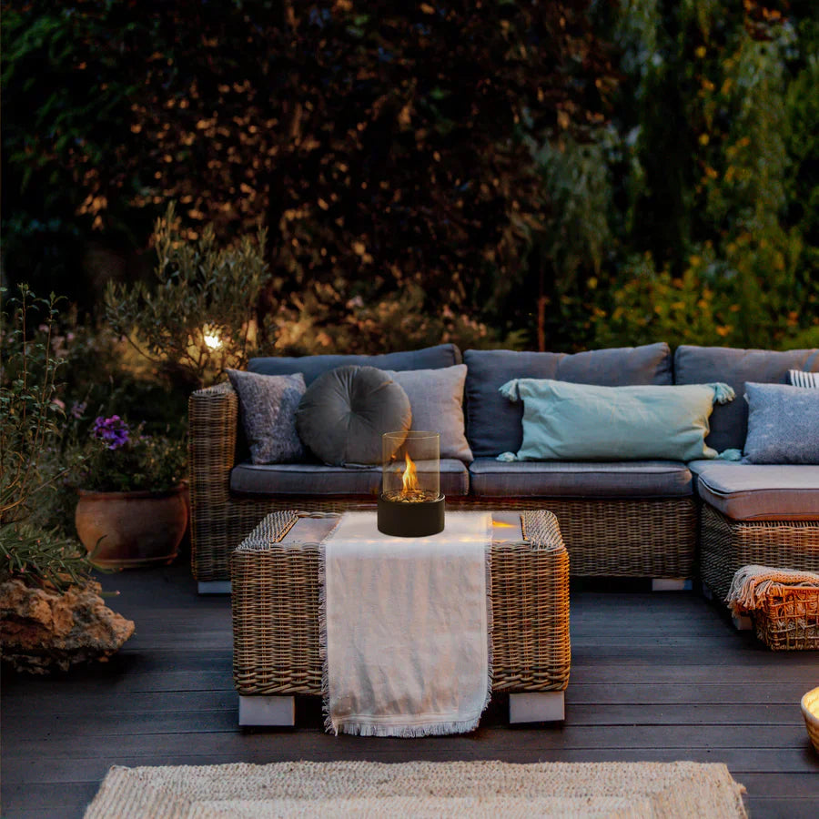 Heat without odor in an elegant, portable tabletop fireplace