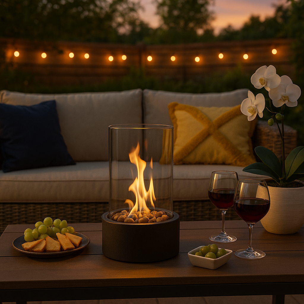 Heat without odor in an elegant, portable tabletop fireplace