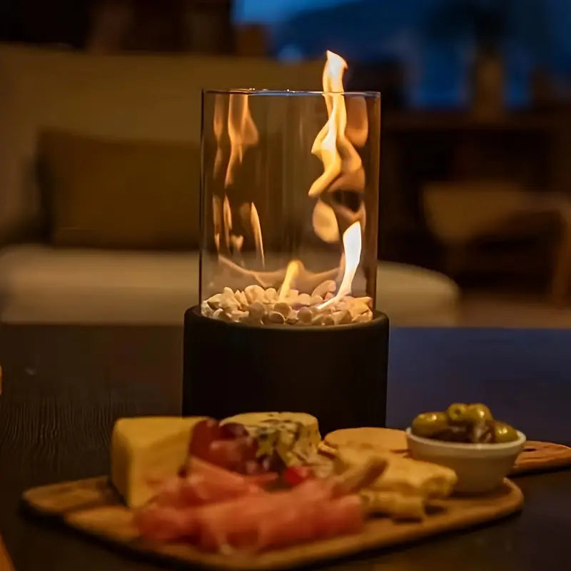 Heat without odor in an elegant, portable tabletop fireplace