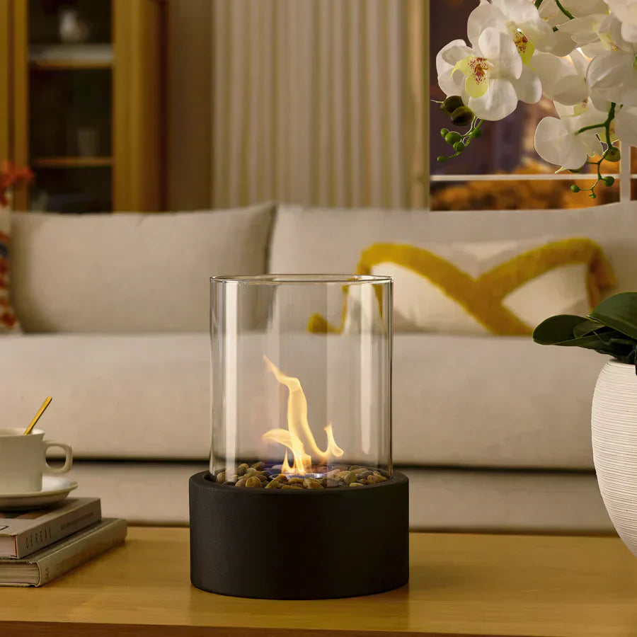 Heat without odor in an elegant, portable tabletop fireplace