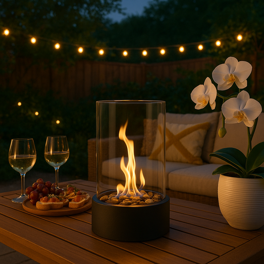 Heat without odor in an elegant, portable tabletop fireplace