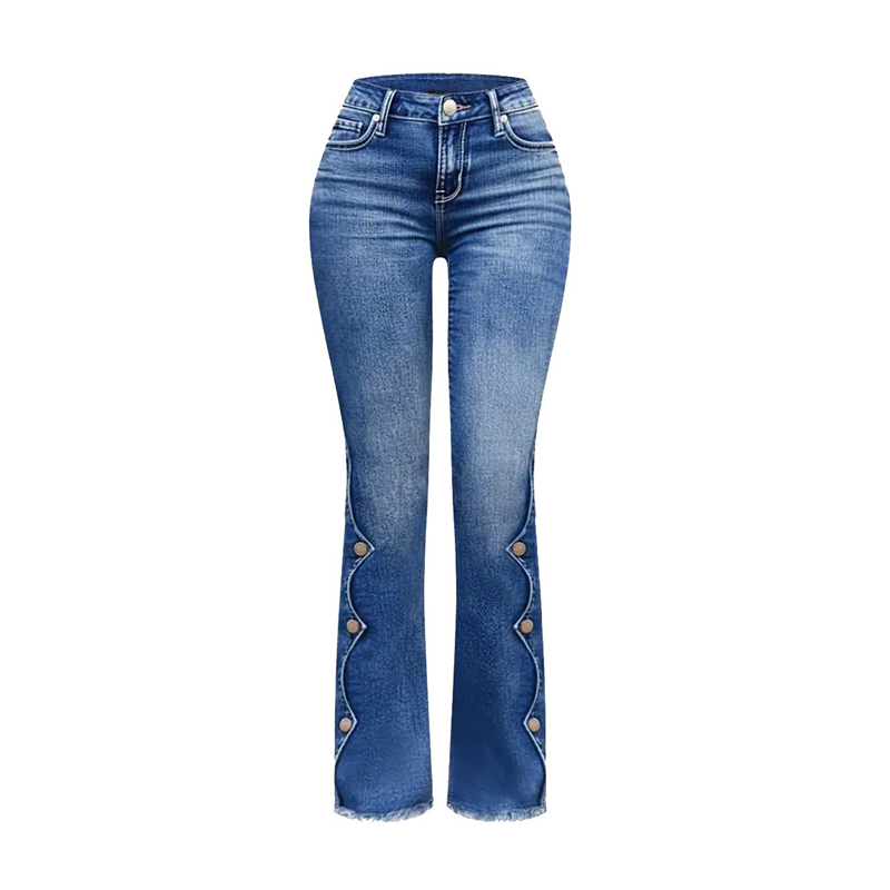 Jean en denim évasé extensible taille haute avec ourlet à franges brutes